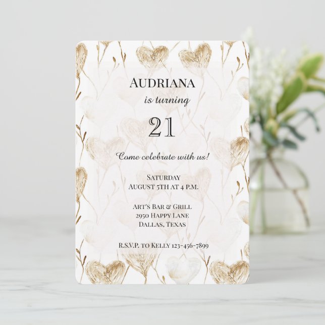 Invitation Beige Crème Marron Blanc Cœurs Bohème Anniversaire (Debout devant)