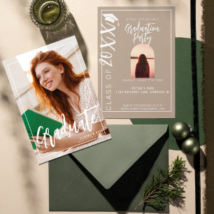 Invitation Beige décontracté Deux photos Diplôme Supérieur