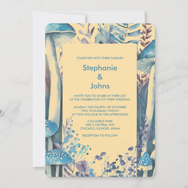 Invitation Beige Dusty Bleu Art Bois Champignons Mariage (Devant)