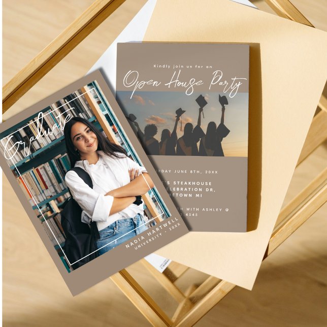 Invitation Beige élégant | Ouverture de deux diplômes photo (Créateur téléchargé)