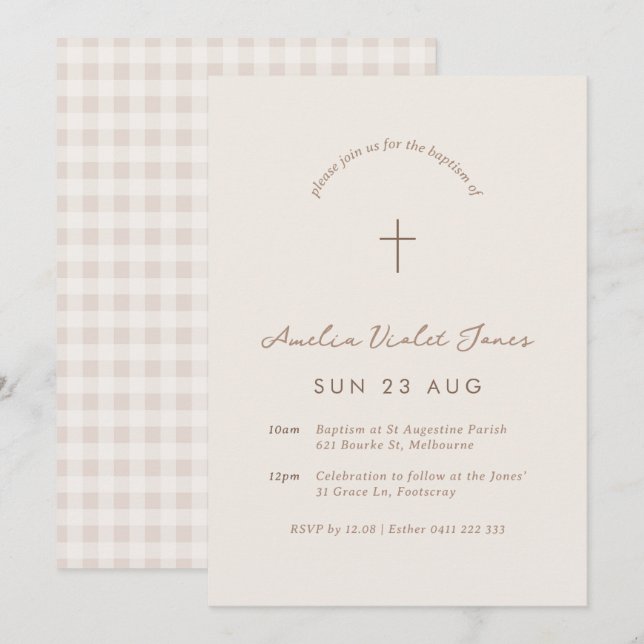 Invitation Beige En vichy Baptême Christening Cross Invitatio (Devant / Derrière)