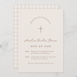 Invitation Beige En vichy Baptême Christening Cross Invitatio