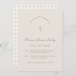 Invitation Beige En vichy Baptême Christening Cross Invitatio