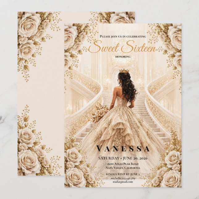 Invitation beige et or pour une princesse pour ses (Devant / Derrière)