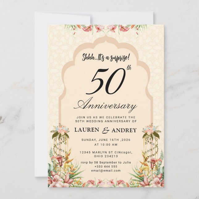 Invitation Beige Floral 50e Anniversaire de Mariage (Devant)
