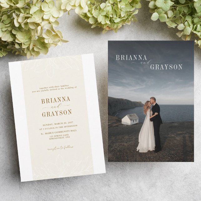 Invitation Beige Floral Elegant Minimalist Photo Back Wedding (Créateur téléchargé)