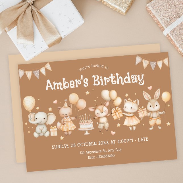 Invitation Beige fun mignon fête d'anniversaire animal (Créateur téléchargé)
