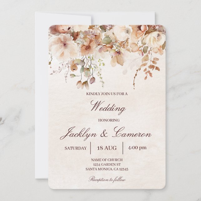Invitation Beige, Mariage floral d'automne (Devant)