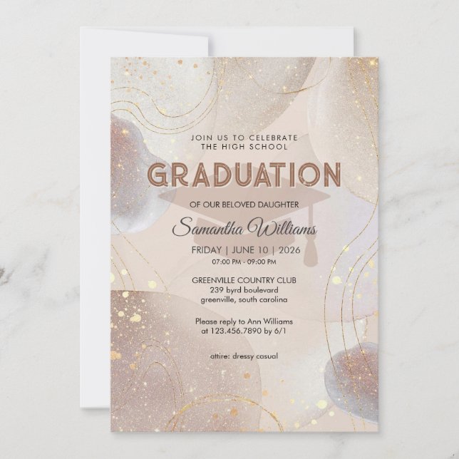 Invitation Beige Marron et Rose Or Pailleté Diplômé (Devant)