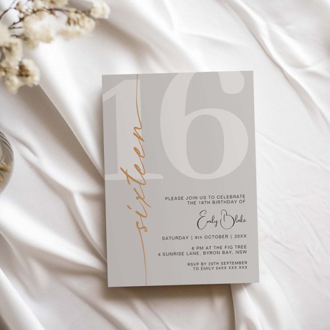 Invitation Beige minimaliste Seize fête d'anniversaire (Créateur téléchargé)