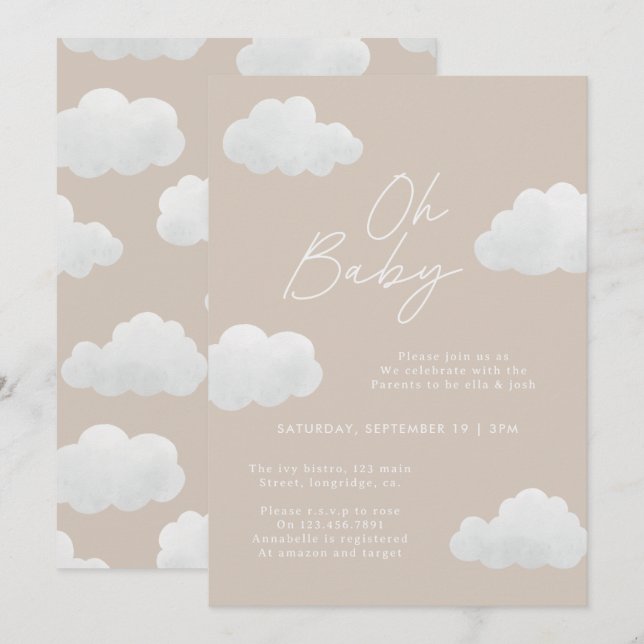 Invitation Beige naturel Oh Baby shower moderne design (Devant / Derrière)