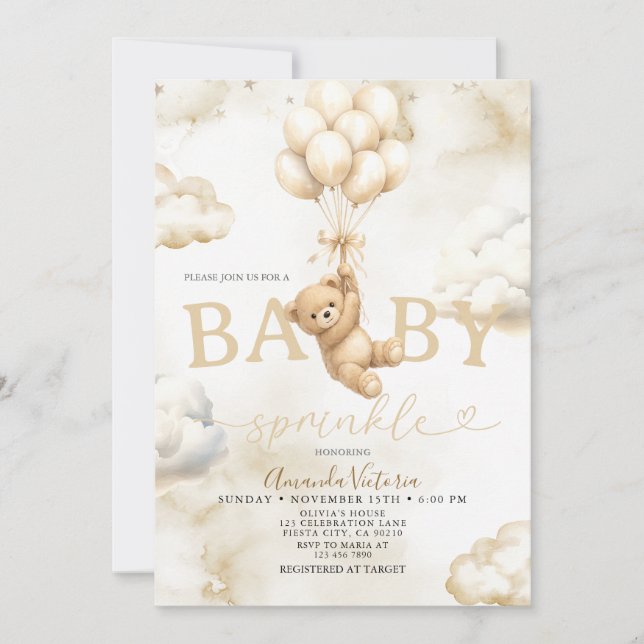 Invitation Beige Neutral Bear Cloud Balloon Baby Shower (Devant)