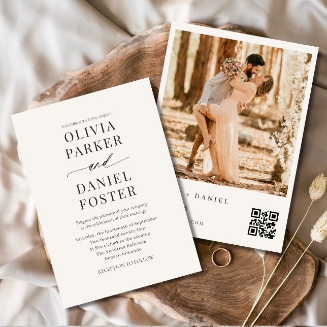 Invitation Beige neutre QR Code Photo Élégant Mariage moderne (Créateur téléchargé)