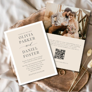 Invitation Beige neutre QR Code photo Mariage minimaliste