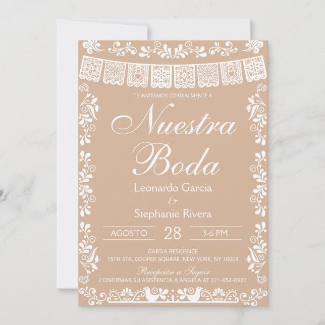 Invitation Beige Nuestra Boda Papel Picado Mariage (Devant)