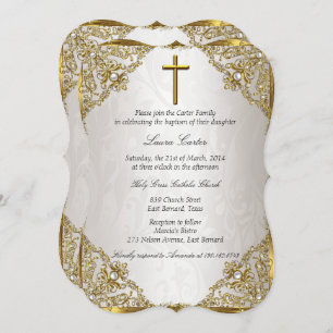 Invitation Beige or Perle Damask Croix Baptême / Christening