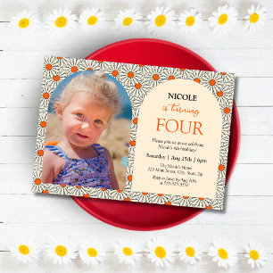 Invitation Beige Orange Daisies Floral Photo 4Anniversaire
