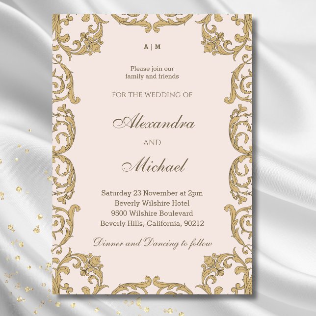 Invitation Beige Orno Monogramme Vintage Baroque Mariage (Créateur téléchargé)