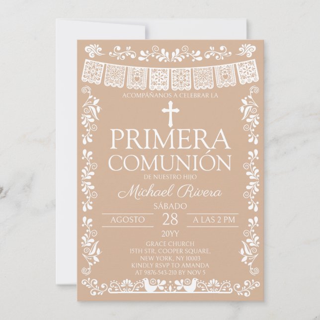 Invitation Beige Papel Picado Première Communion (Devant)