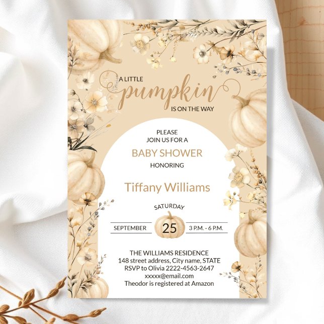 Invitation Beige Pastel Aquarelle Citrouille automne fleurs s (Rustic Pumpkin Baby Shower Invitation | Neutral Fall Floral Autumn Theme)