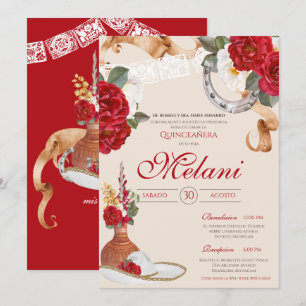 Invitation Beige rouge Elegant Rose Charro Mariachi Quinceane