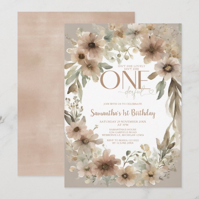 Invitation Beige Rustic Floral n'est pas elle magnifique anni (Devant / Derrière)