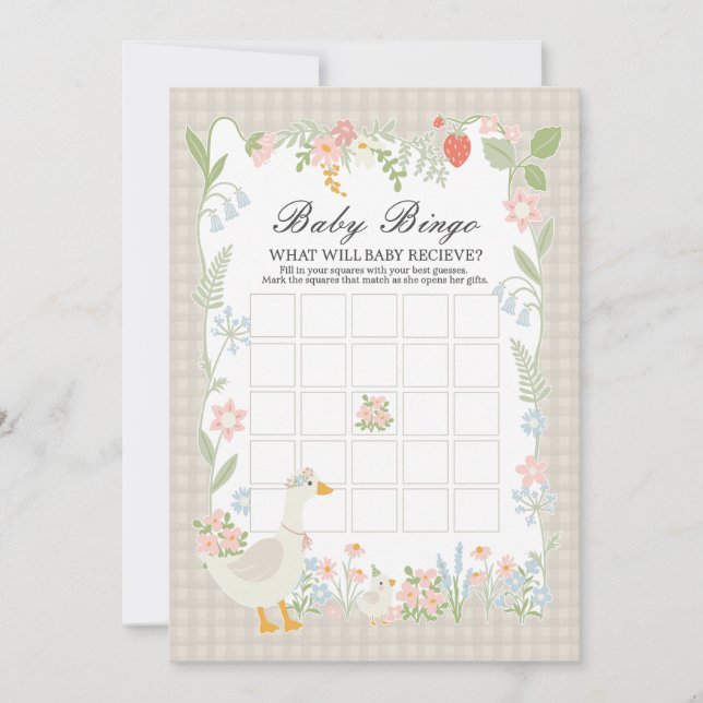 Invitation Beige Silly Goose Floral En vichy Baby Bingo Jeu (Devant)