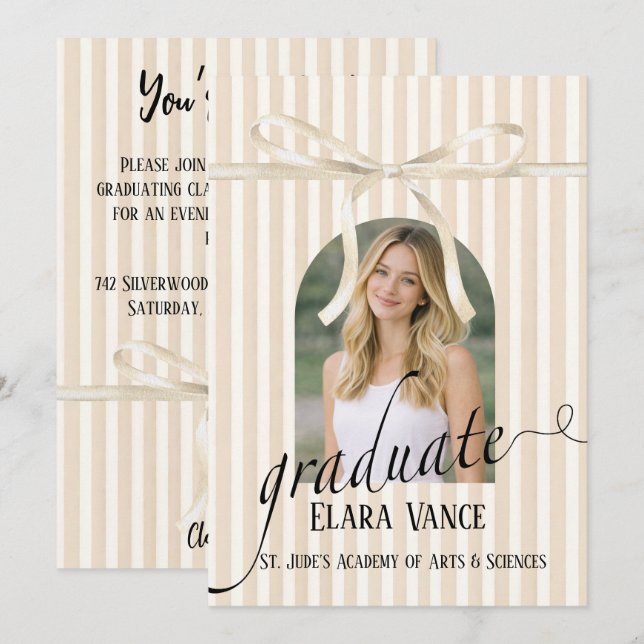 Invitation Beige Stripe Coquette Bow Graduation (Devant / Derrière)