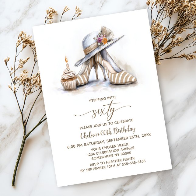 Invitation Beige Striped High Heel Shoes 60th Birthday Party (Créateur téléchargé)