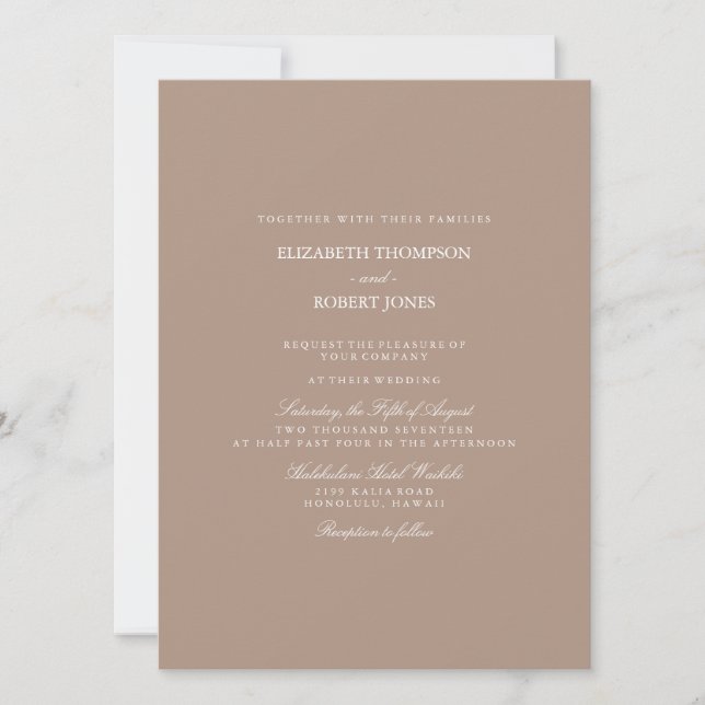 Invitation Beige Taupe Chaud avec Mariage blanc Détails (Devant)