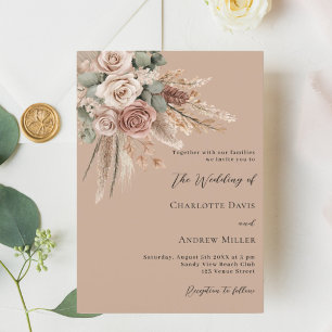 Invitation Beige taupe rose pampas verdure mariage de luxe