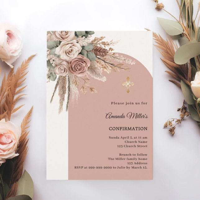 Invitation Beige taupe roses pampas arch ivory Confirmation (Créateur téléchargé)