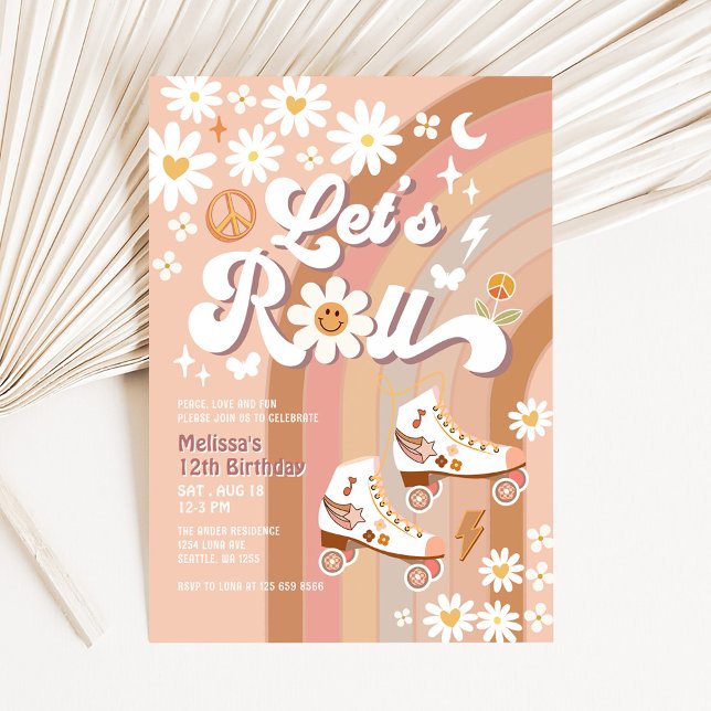 Invitation Beige TOUT ÂGE Let's Roll Retro Groovy Anniversair (Créateur téléchargé)
