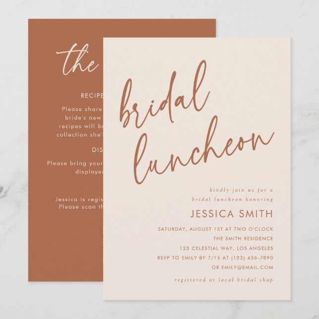 Invitation Beige Tout en Un Code QR Luncheon de Mariage (Devant / Derrière)