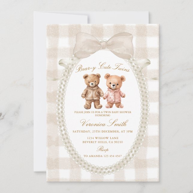 Invitation Beige White Bear-y Cute Twins Bear Baby Shower (Devant)