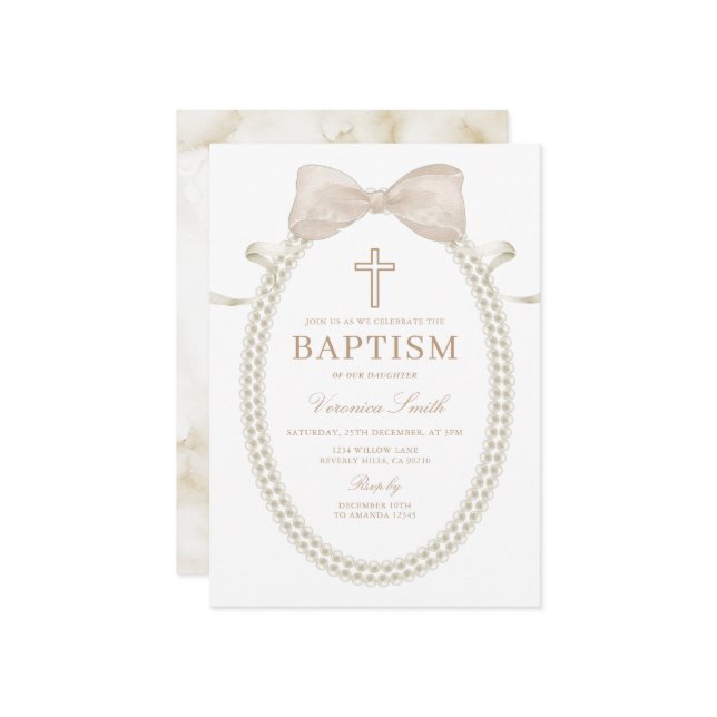 Invitation Beige White BOW Pearls Girl Baptism Christening (Devant/Arrière en situation)