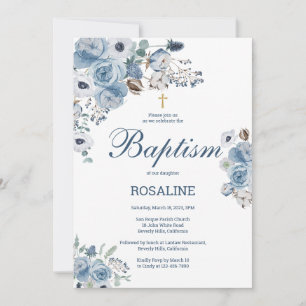 Invitation Bel Baptême Floral Bleu