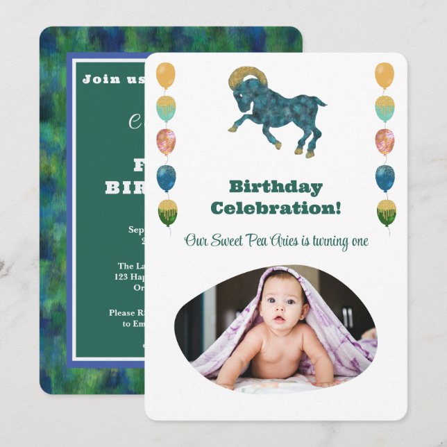 Invitation Bélier 1er Anniversaire Photo Impressionniste Or   (Devant / Derrière)