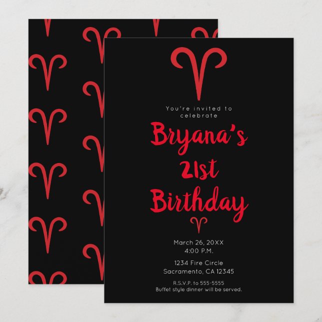 Invitation Bélier Astrologie Zodiaque Fête d'anniversaire Mar (Devant / Derrière)