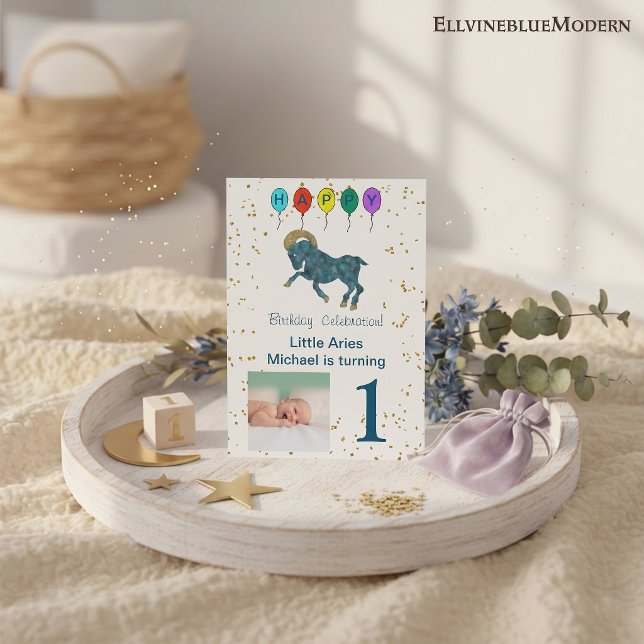 Invitation Bélier Premier Anniversaire Or & Ballons & Photo (Aries 5” x 7” Photo Invite. Visit Aries Zodiac Birthday Party Collection for more items.)
