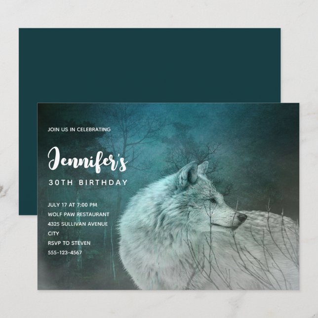 Invitation Belle anniversaire Loup Gris dans une forêt sombre (Devant / Derrière)