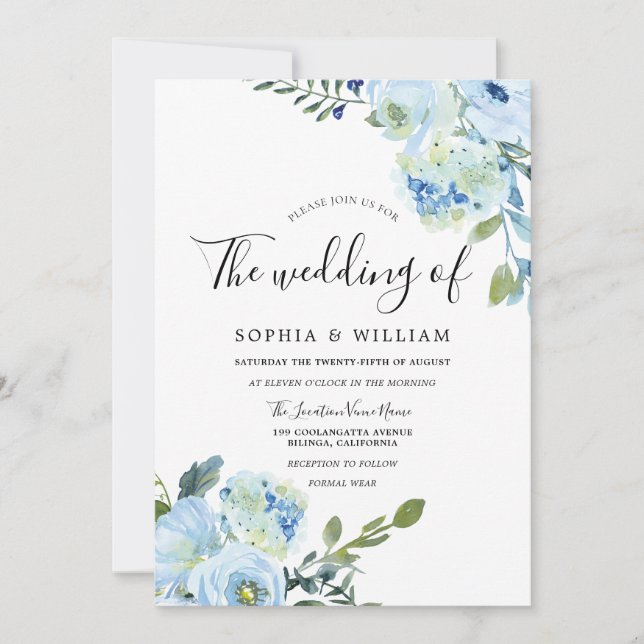 Invitation Belle Aquarelle Bleue Fleurs Mariage moderne (Devant)