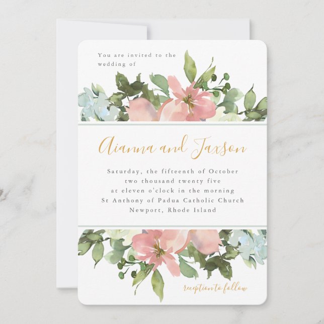Invitation Belle Aquarelle Bleue Mariage Floral (Devant)