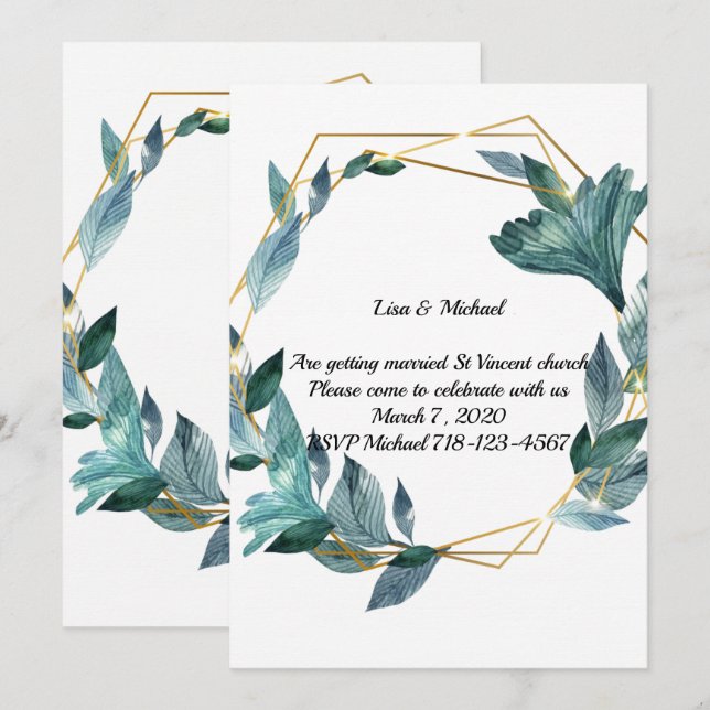 Invitation Belle aquarelle encadrée Feuille Mariage (Devant / Derrière)