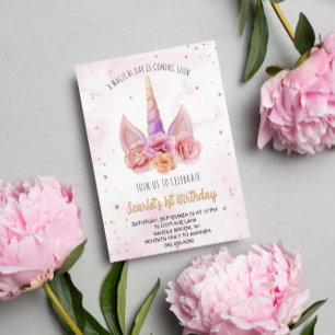 Invitation Belle aquarelle Floral Unicorn Horn Anniversaire