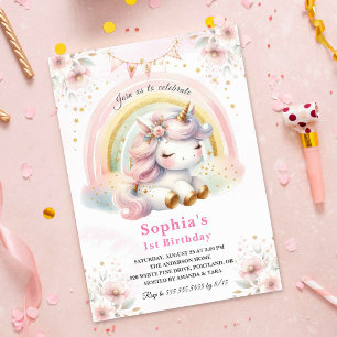 Invitation Belle aquarelle florale licorne Anniversaire