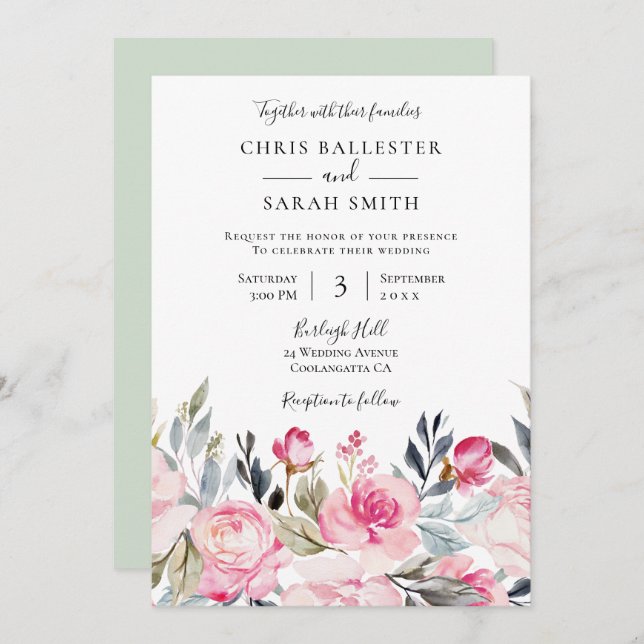 Invitation Belle aquarelle florale Mariage de printemps (Devant / Derrière)