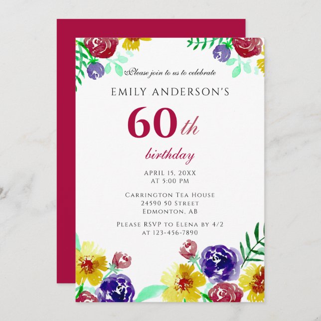 Invitation Belle aquarelle Flowers 60e anniversaire femme (Devant / Derrière)