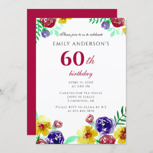 Invitation Belle aquarelle Flowers 60e anniversaire femme