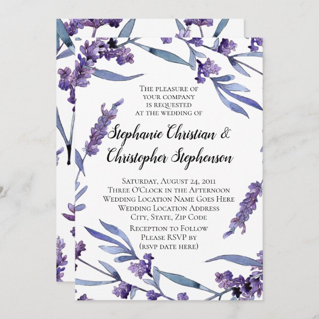 Invitation Belle Aquarelle Lilac Elégant Mariage d'été (Devant / Derrière)